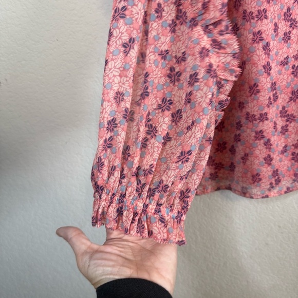 Talbots Pink Floral Ruffle Long Sleeve Sheer Overlay Whimsical Shirt Blouse Top - Picture 4 of 10
